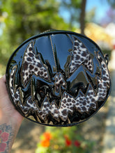 Load image into Gallery viewer, Handcrafted Stark Raving Bag: Patent Vinyl Black &amp; Leopard Print