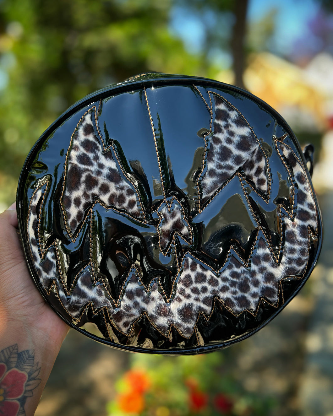 Handcrafted Stark Raving Bag: Patent Vinyl Black & Leopard Print