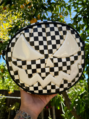 Hand Crafted Mean Pumpkin Checkered and white Patent vinyl