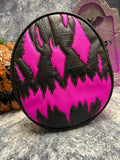Handcrafted We Stay Creepy bag: Black faux Crocodile and Fuschia
