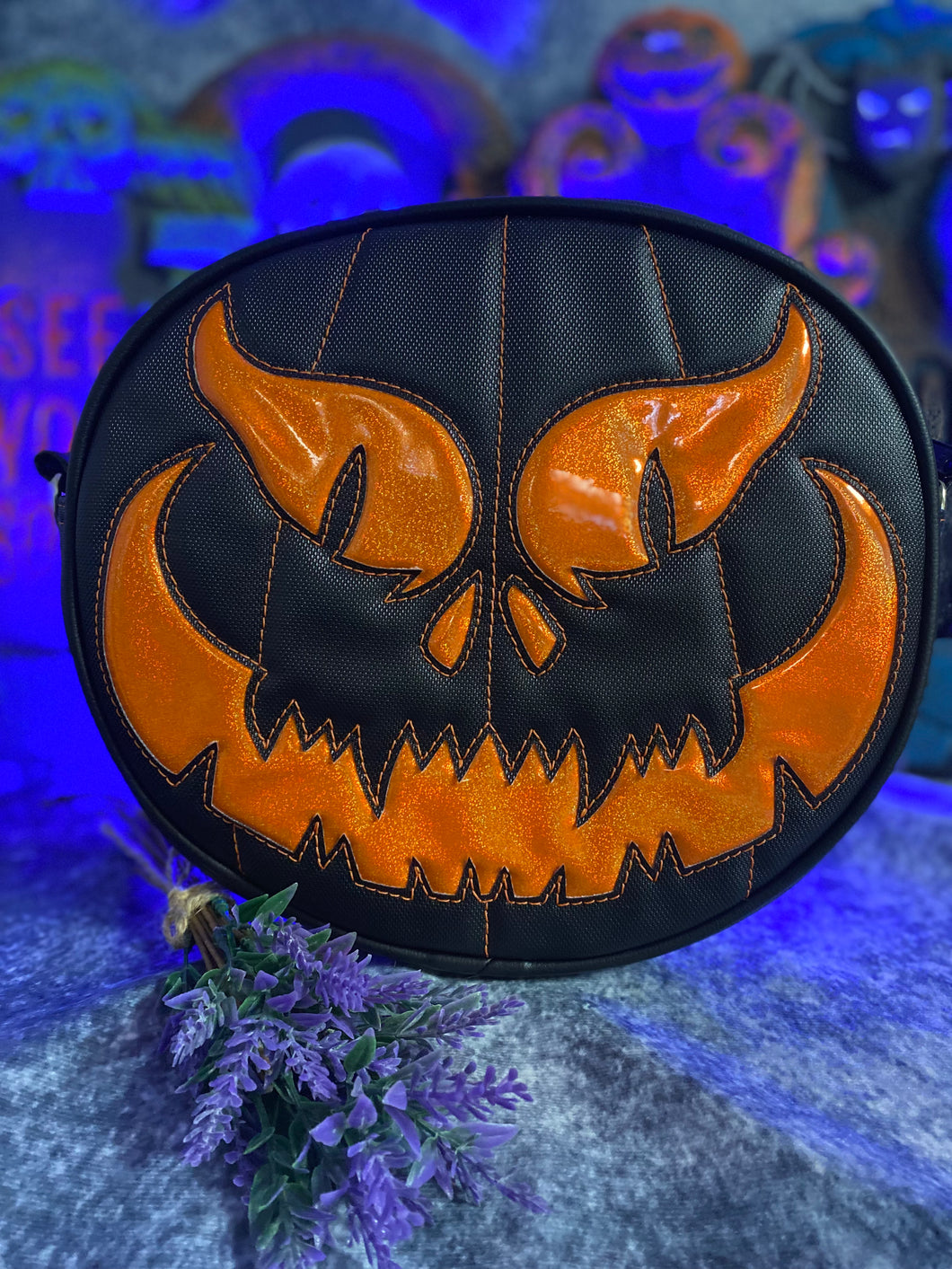 Handcrafted : Evil Face Pumpkin Textured Black and Hi shine Glitter Orange