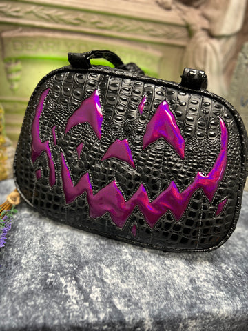 Hand Crafted : Pumpkin Dual Crossbody/ HandBag Black Croc and Glitter high shine Purple