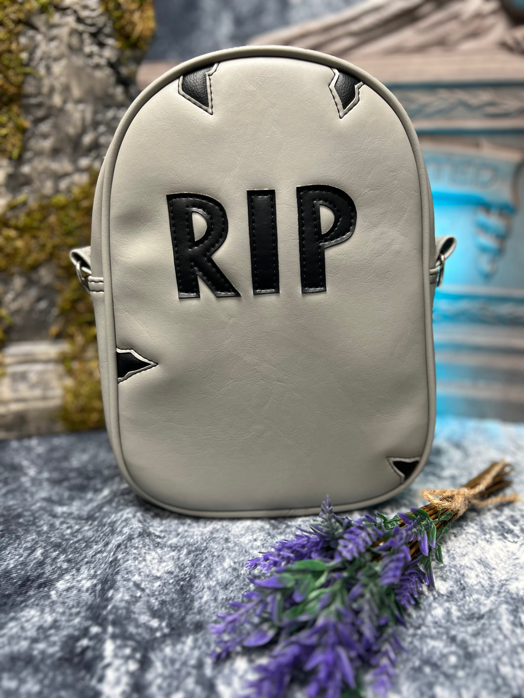 Hand Crafted : Silver RIP Gravestone Bag- Large