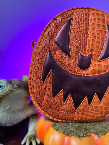 Black Friday Sale Hand Crafted : Oval Pumpkin Bag Orange Croc Glitter and Metallic Plum