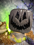 Handcrafted Square Trickster Pumpkin Crossbody Bag Dark Grey Glitter and Patent Black