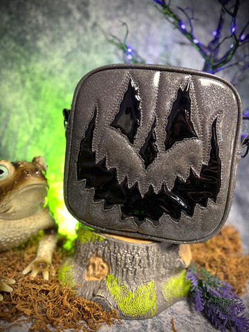 Handcrafted Square Trickster Pumpkin Crossbody Bag Dark Grey Glitter and Patent Black