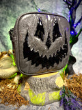 Handcrafted Square Trickster Pumpkin Crossbody Bag Dark Grey Glitter and Patent Black