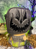 Handcrafted Square Trickster Pumpkin Crossbody Bag Dark Grey Glitter and Patent Black