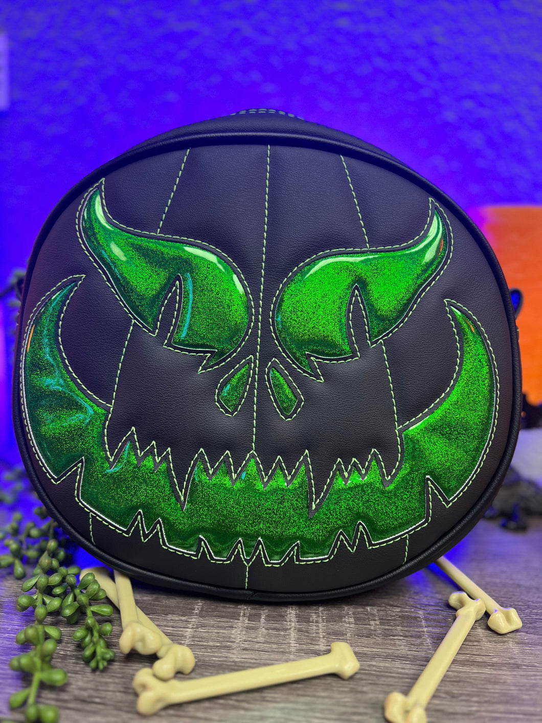 Sale Hand Crafted : Evil Face Pumpkin Textured Black and Hi shine green