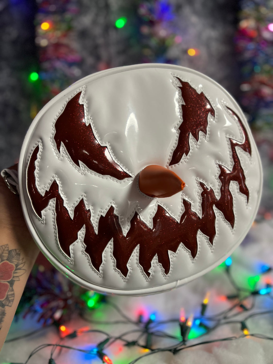 Handcrafted Snowman bag: Patent White with glitter Red and orange nose