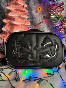 Handcrafted Small Happy face Belt bag : Black & Black Glitter with black Strap