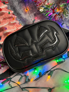 Handcrafted Small Happy face Belt bag : Black & Black Glitter with black Strap