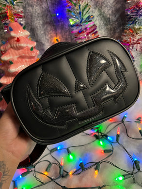 Handcrafted Small Happy face Belt bag : Black & Black Glitter with black Strap