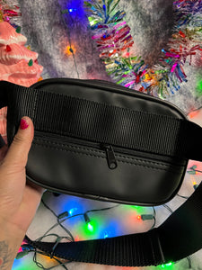 Handcrafted Small Happy face Belt bag : Black & Black Glitter with black Strap