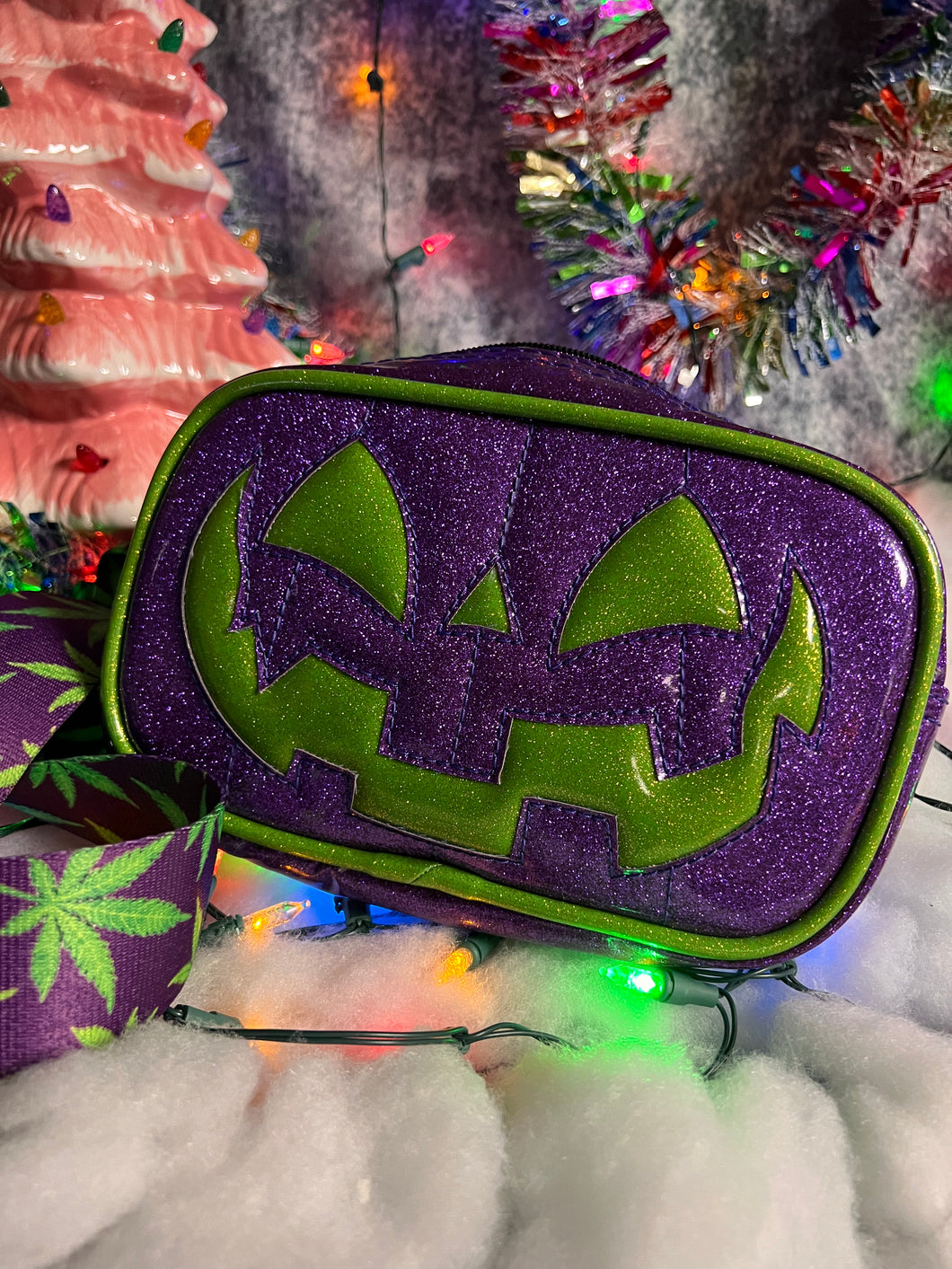 Handcrafted Small Happy Face Belt Bag : Purple Glitter and Green Glitter