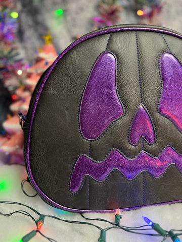 Handcrafted Scared Stiff Pumpkin bag/ Black and Purple Glitter - Crossbody