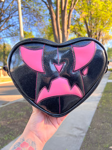 Hand Crafted: Small Triste Heart/ black Glitter and Hot Pink