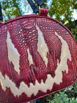 Handcrafted Too Bad Pumpkin bag/Red Croc with Gold accents and champagne