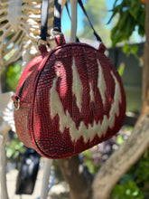 Load image into Gallery viewer, Handcrafted Too Bad Pumpkin bag/Red Croc with Gold accents and champagne