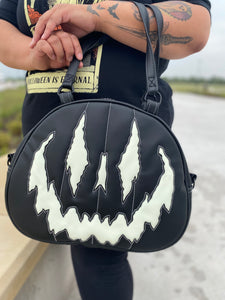 Handcrafted Too Bad Pumpkin bag/ Black and Glo-in-the-Dark White cross body Handbag