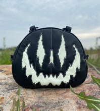 Load image into Gallery viewer, Handcrafted Too Bad Pumpkin bag/ Black and Glo-in-the-Dark White cross body Handbag