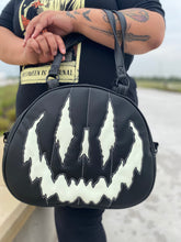 Load image into Gallery viewer, Handcrafted Too Bad Pumpkin bag/ Black and Glo-in-the-Dark White cross body Handbag