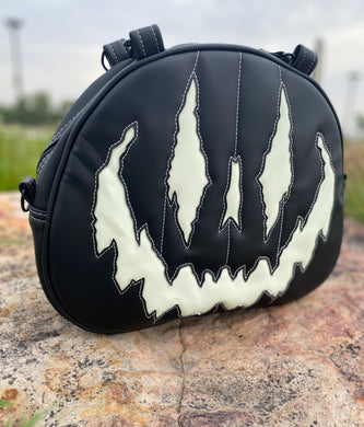 Handcrafted Too Bad Pumpkin bag/ Black and Glo-in-the-Dark White cross body Handbag