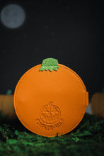Load image into Gallery viewer, back view of orange snap wallet debossed with the Pumpkin Kult logo