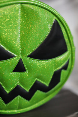 Green Glitter Jack O'Lantern Bag with Black Eyes and Mouth