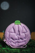 Load image into Gallery viewer, Purple jack-o-lantern zip top wallet with wrist strap