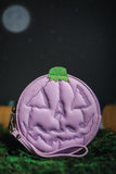 Purple jack-o-lantern zip top wallet with wrist strap