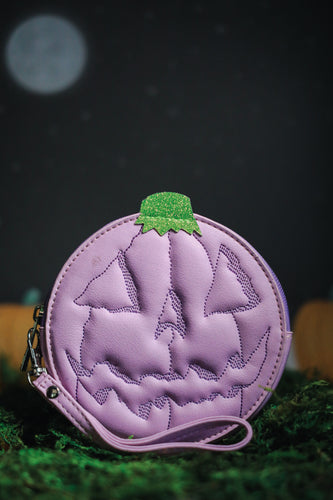Purple jack-o-lantern zip top wallet with wrist strap