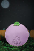 Load image into Gallery viewer, Back view of lilac jack-o-lantern snap wallet debossed with the Pumpkin Kult logo