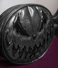 Load image into Gallery viewer, Black glitter and patent black shiny vinyl with black wings pumpkin bag. 