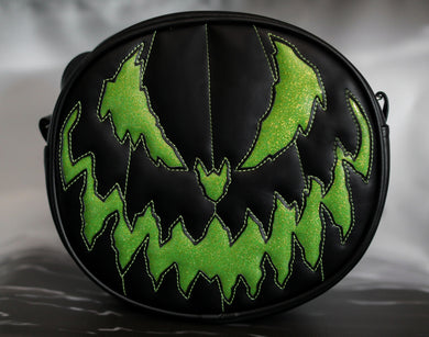 Evil faced pumpkin bag in Black vinyl and Green glitter vinyl 