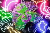 A purple and a green hand fan with neon signs. 