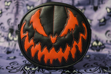 Load image into Gallery viewer, All black pumpkin handbag with matte orange pumpkin face. 