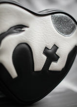 Load image into Gallery viewer, Black and white heart , with graveyard scene and moon 
