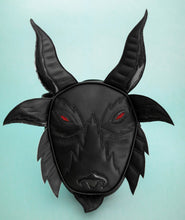 Load image into Gallery viewer, Black goat head bag with red eyes. 