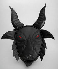 Load image into Gallery viewer, Black goat head bag with red eyes. 