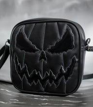 Load image into Gallery viewer, All black square bag with grey stitching on the face , Shiny patent black for the eyes and mouth with a plain black for he body