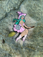 Load image into Gallery viewer, Enamel pin of witch in pink riding a broom.
