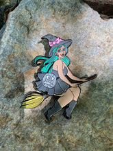 Load image into Gallery viewer, enamel pin of witch in black riding a broom. 
