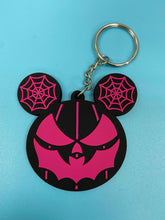 Load image into Gallery viewer, Black and pink bat mouth jack-o-lantern with spiderweb mouse ears keychain.