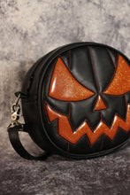 Load image into Gallery viewer, Handcrafted Mean Face Bag: Matte Black &amp; Orange Glitter