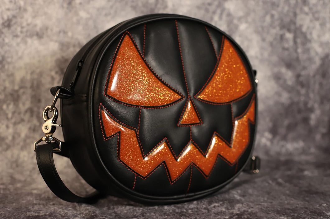 Handcrafted Mean Face Bag: Matte Black & Orange Glitter