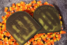 Load image into Gallery viewer, Front and back view of thermal tombstone shaped wallets. Front says &quot;Rest In Peace&quot; Back says &quot;see you soon&quot;