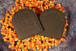 Front and back view of thermal tombstone shaped wallets. Front says "Rest In Peace" Back says "see you soon"