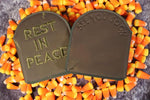 Front and back view of thermal tombstone shaped wallets. Front says "Rest In Peace" Back says "see you soon"