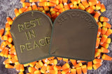 Front and back view of thermal tombstone shaped wallets. Front says "Rest In Peace" Back says "see you soon"